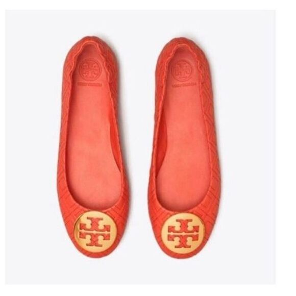 Tory Burch Size 6.5 Minnie Quilted Leather Ballet Flats Orange Gold Logo Travel